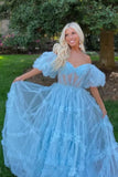 Sky Blue Puffy Sleeves Tulle Ruffles Long Prom HZ0307