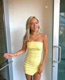 Pastel Yellow Homecoming Dresses Strapless Mini Party Gown, HZ0307