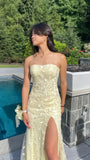 Pastel Yellow Lace Strapless Long Prom Dress With Side HZ0307