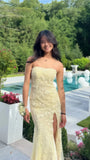 Pastel Yellow Lace Strapless Long Prom Dress With Side HZ0307