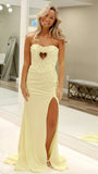 Pastel Yellow Mermaid Slit Prom Dresses Beaded Evening Party HZ0307