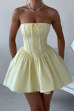 Pastel Yellow Strapless Homecoming Dresses Satin Lace Party Gown, HZ0307
