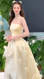 Pastel Yellow Strapless Prom Dresses Sleeveless Long Party Formal HZ0307