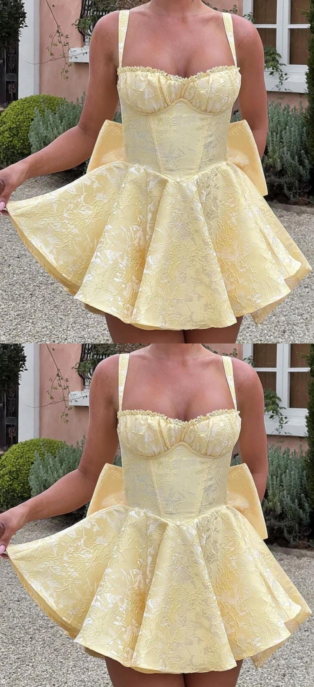 Pastel Yellow Floral Homecoming Dresses A-line Bowknot Celebration Party HZ0307