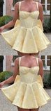 Pastel Yellow Floral Homecoming Dresses A-line Bowknot Celebration Party HZ0307