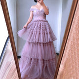 Off The Shoulder A-Line Tiered Tulle Prom HZ0307