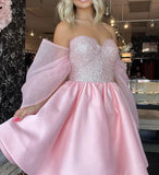 Pink A-Line Homecoming Dress, Sequin Mini Prom Birthday Dresses, HZ0307