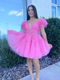 Pink Appliques Homecoming Dresses A-Line Feather Graduation Dresses, HZ0307