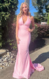 Pink Halter Plung V-neck Mermaid Long Senior Prom HZ0307