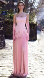 Pink Strapless Sheath Prom Dresses Split Tassel Evening Graduation HZ0307