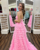 Pink Tulle Ruffles Prom Dresses Sweetheart Split Evening Party Dress, HZ0307