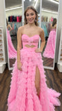 Pink Tulle Ruffles Prom Dresses Sweetheart Split Evening Party Dress, HZ0307