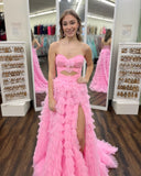 Pink Tulle Ruffles Prom Dresses Sweetheart Split Evening Party Dress, HZ0307