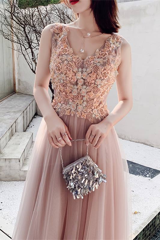 Pink A-line Tulle and Lace Long Formal HZ0307