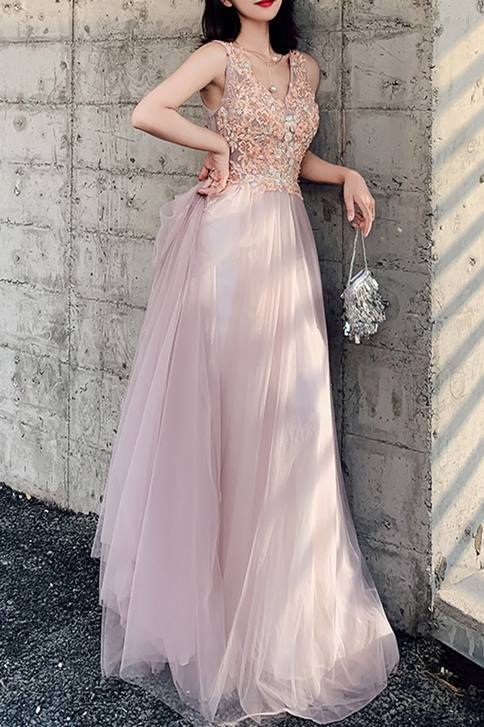 Pink A-line Tulle and Lace Long Formal HZ0307