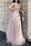 Pink A-line Tulle and Lace Long Formal HZ0307