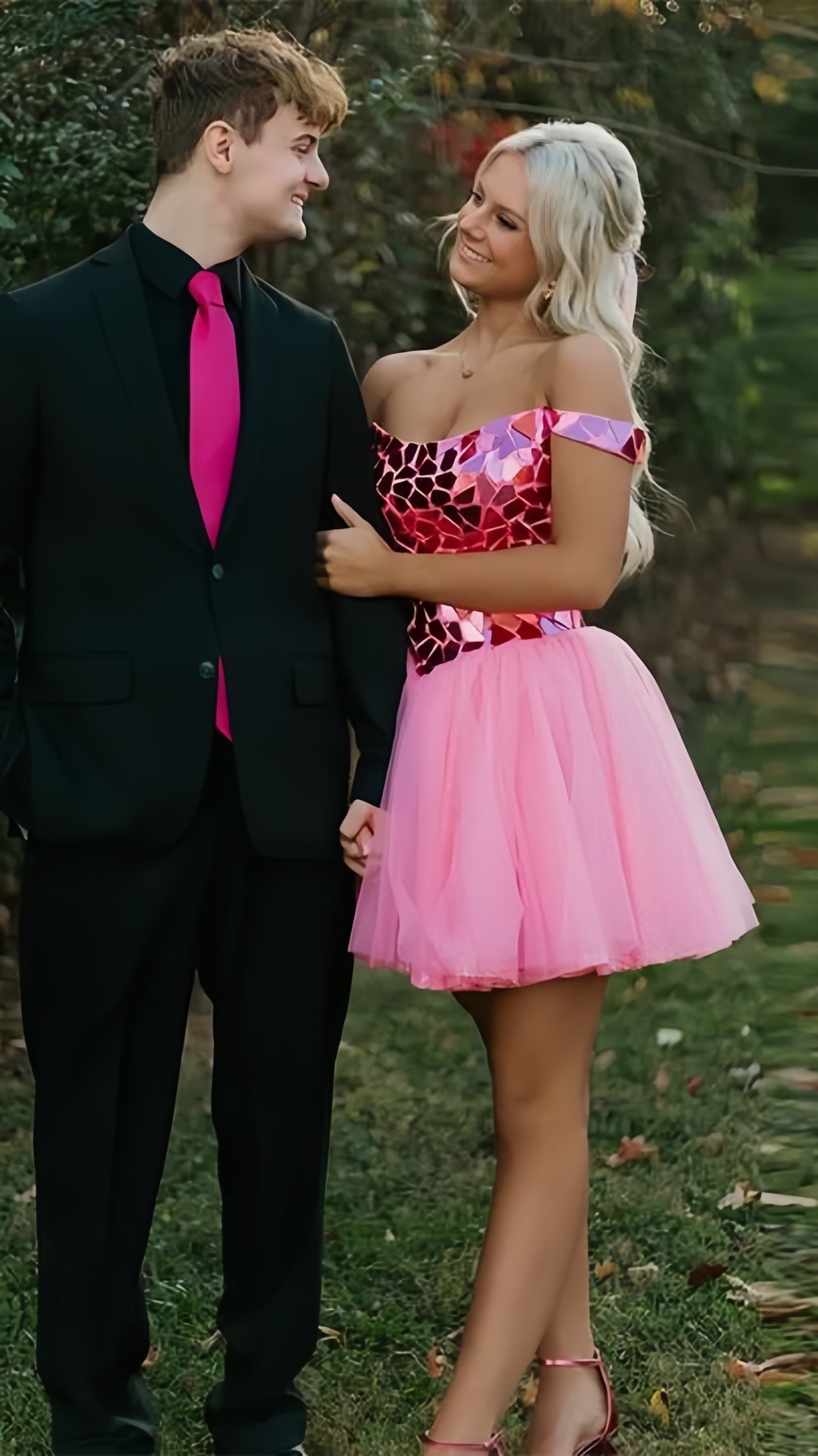Pink Mirror Glass A-Line Homecoming Dress Off The Shoulder Mini Party Dress, HZ0307