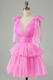 Pink V-Neck Homecoming Dress Chiffon V-Neck School Party Dress, HZ0307