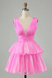 Pink V-Neck Homecoming Dress Chiffon V-Neck School Party Dress, HZ0307