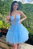 Plunge Neck Sky Blue Beaded Tulle Homecoming Dress Short Hoco Dresses, HZ0307