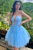 Plunge Neck Sky Blue Beaded Tulle Homecoming Dress Short Hoco Dresses, HZ0307