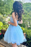 Plunge Neck Sky Blue Beaded Tulle Homecoming Dress Short Hoco Dresses, HZ0307