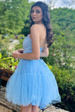 Plunge Neck Sky Blue Beaded Tulle Homecoming Dress Short Hoco Dresses, HZ0307