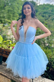 Plunge Neck Sky Blue Beaded Tulle Homecoming Dress Short Hoco Dresses, HZ0307