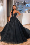 Plunging V-Neck Black Lace Prom Dress, Beaded Spaghetti Straps Formal Evening HZ0307