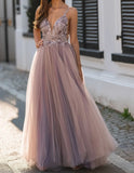 Plunging V-Neck Tulle Prom Dress Applique Evening Party HZ0307