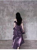 Pretty Irregular Ruffled Spaghetti Straps Grape Prom Dresses With Detachable Rose Long Birthday Dress For Women, HZ0307