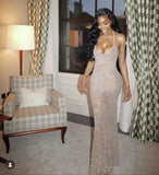 Pretty Mermaid Halter Neckline Long Sequin Champagne Party Dresses Prom Dress , HZ0307