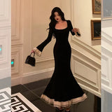 Pretty Mermaid Square Neckline Black Prom Dresses Birthday Outfits Evening Gowns , HZ0307