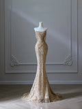 Pretty Mermaid Strapless Gold Sequin Beads Long Prom Dresses Formal Evening Dress, HZ0307