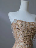 Pretty Mermaid Strapless Gold Sequin Beads Long Prom Dresses Formal Evening Dress, HZ0307
