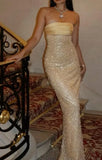 Pretty Mermaid Strapless Long Yellow Sequin Satin Party Dresses Prom Dresses, HZ0307