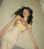 Pretty Mermaid Strapless Long Yellow Sequin Satin Party Dresses Prom Dresses, HZ0307