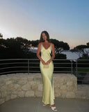 Pretty Mermaid V Neckline Long Yellow Satin Party Dresses Prom Dresses, HZ0307