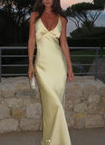Pretty Mermaid V Neckline Long Yellow Satin Party Dresses Prom Dresses, HZ0307