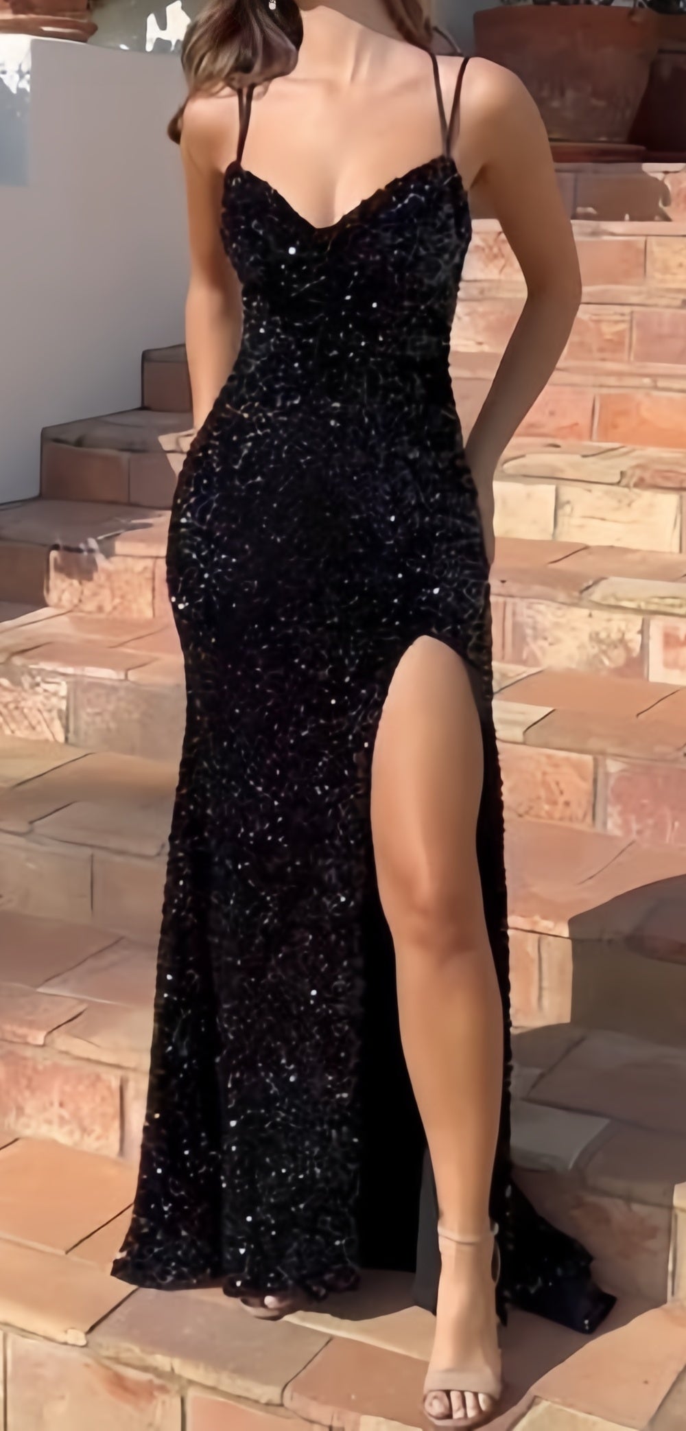 Pretty Black Sequin Prom Dresses Split Evening Party HZ0307