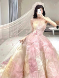 Princess Floral Ball Gown, Strapless A-line Evening Prom Dress, HZ0307