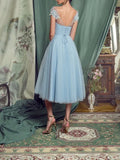 Princess Light Blue A-Line Homecoming Dresses Corset Dress Midi Dresses Floral Tulle Party Dresses, HZ0307