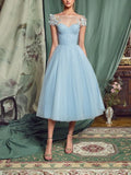 Princess Light Blue A-Line Homecoming Dresses Corset Dress Midi Dresses Floral Tulle Party Dresses, HZ0307