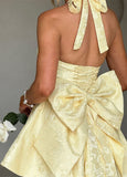 Princess Pastel Yellow Homecoming Dresses Halter Print Floral A-line Party HZ0307