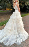 Princess V-Neck Lace Ruffle Tulle Prom Dresses, Long Celebrity HZ0307