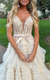 Princess V-Neck Lace Ruffle Tulle Prom Dresses, Long Celebrity HZ0307