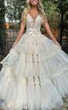 Princess V-Neck Lace Ruffle Tulle Prom Dresses, Long Celebrity HZ0307