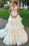 Princess V-Neck Lace Ruffle Tulle Prom Dresses, Long Celebrity HZ0307