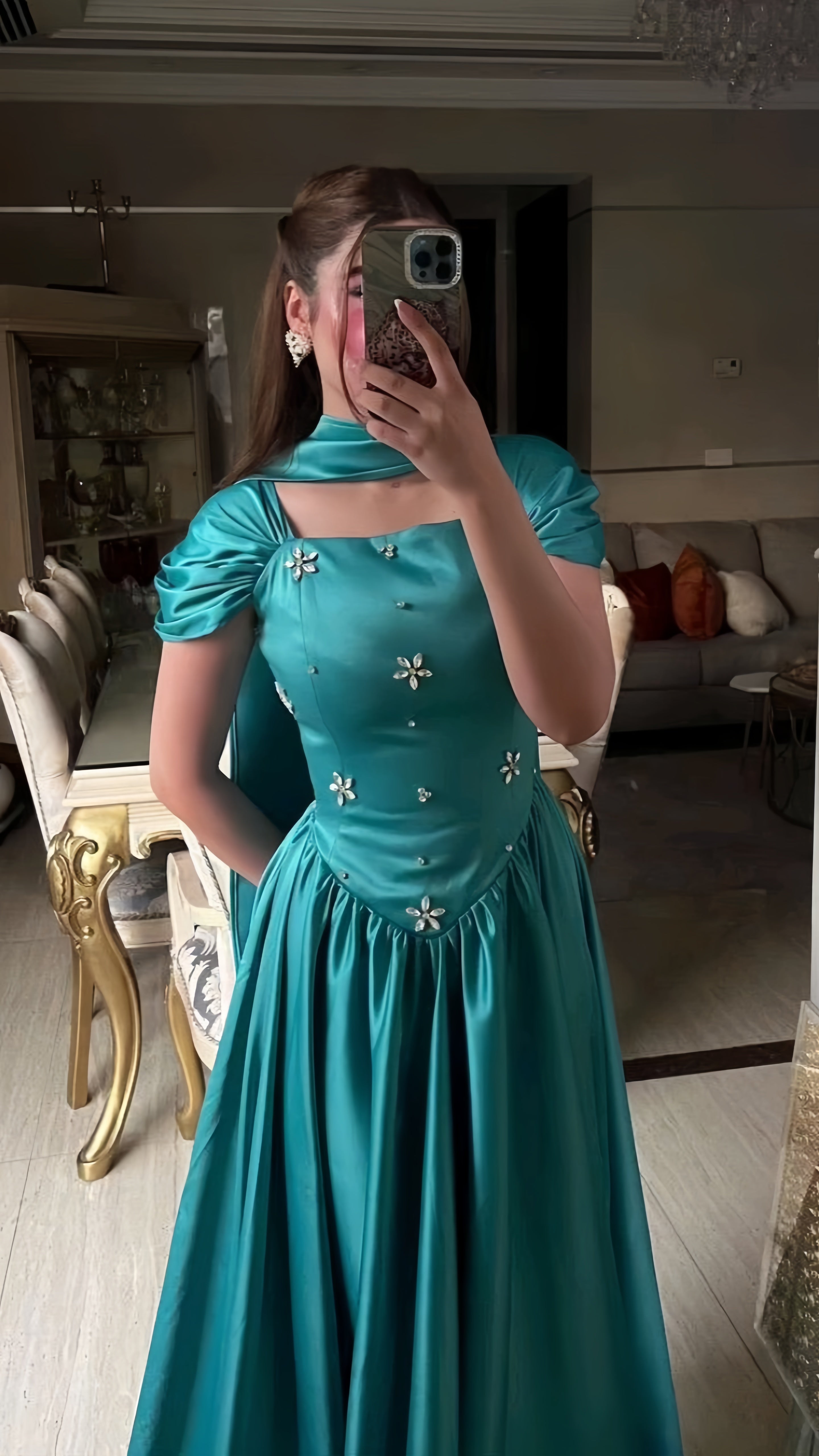 Princess Blue A-line Prom Dresses Beaded Long Party HZ0307
