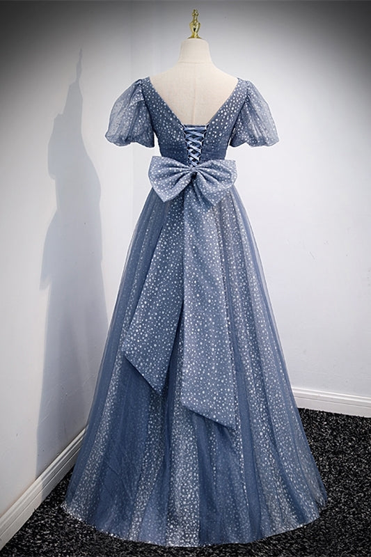 Princess Blue A-line Polk Dots Bow Long Prom HZ0307